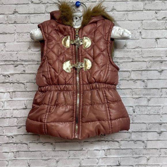 Little Lass Mauve Hooded Puffer Vest 3T Toddler Faux Fur Zipper Quilted - Picture 1 of 14
